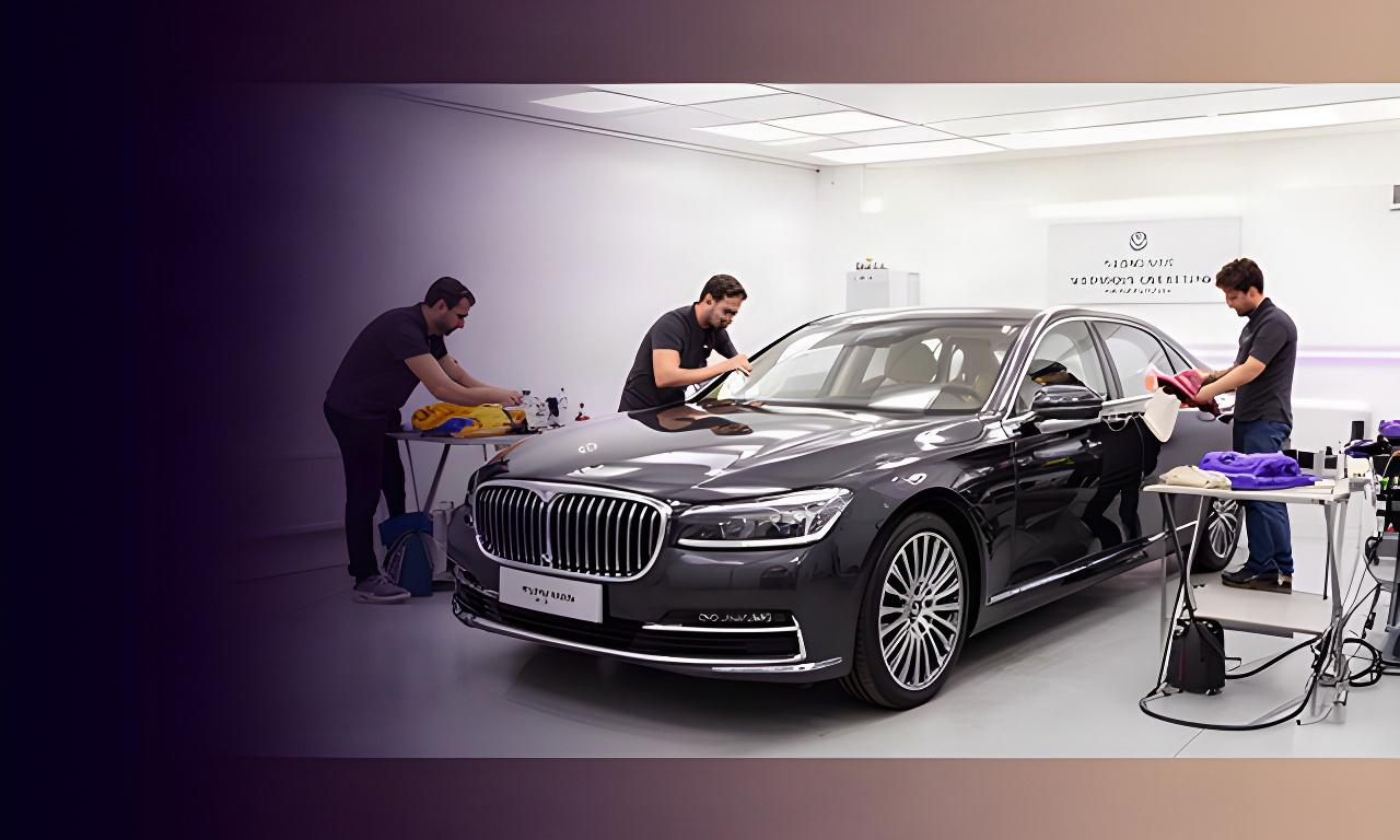 Detailing team preparing a dark luxury saloon inside a bright, immaculate Ealing studio bay