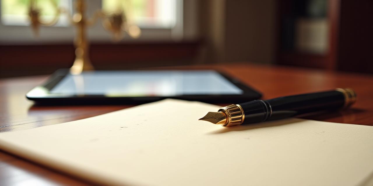 A classical legal desk with a fountain pen, parchment paper, and modern digital tablet