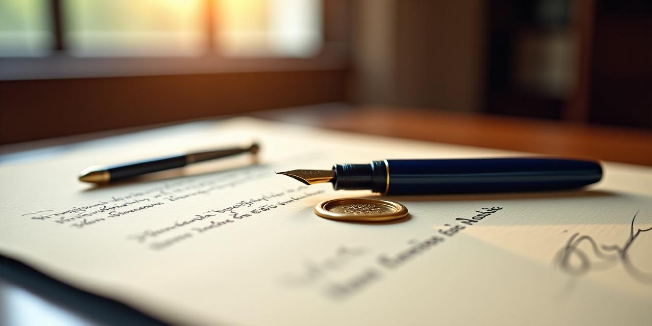 Close-up of a high-end fountain pen resting on a signed legal document parchment