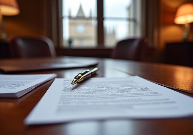 Close-up of a high-end legal office desk with fine stationery