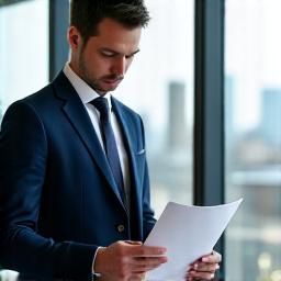 A professional solicitor reviewing documents in a sophisticated London office environment
