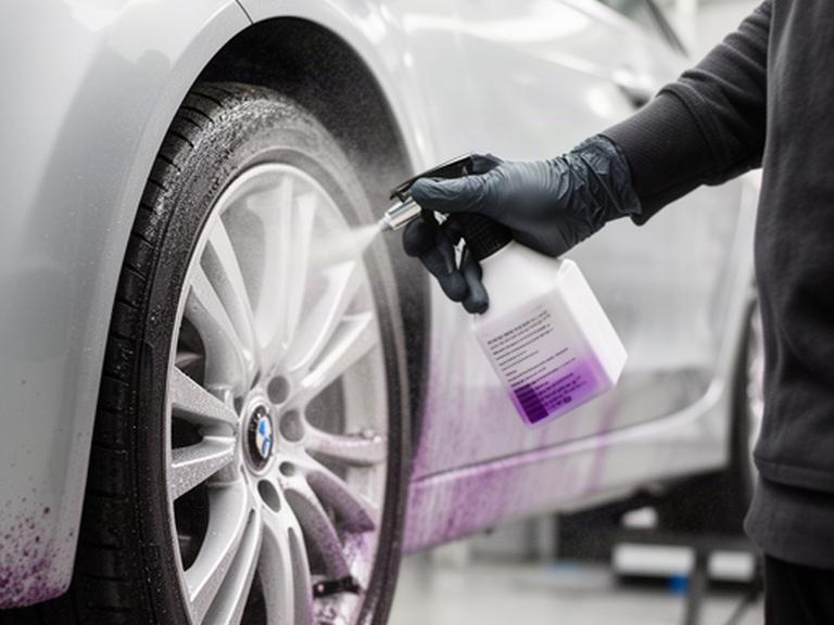 Detailer applying iron fallout remover to a silver wheel and lower body panel in West London
