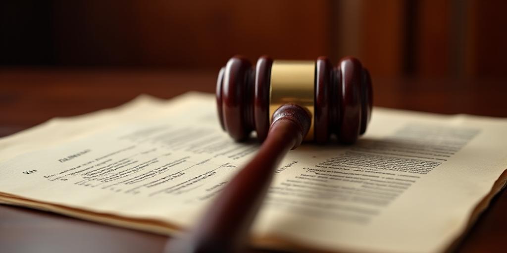 A legal gavel resting on top of a formal document with high contrast lighting